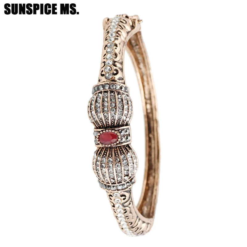 Vintage Women Bangle Green Crystal Thin Bracelet Indian Flower Bangle