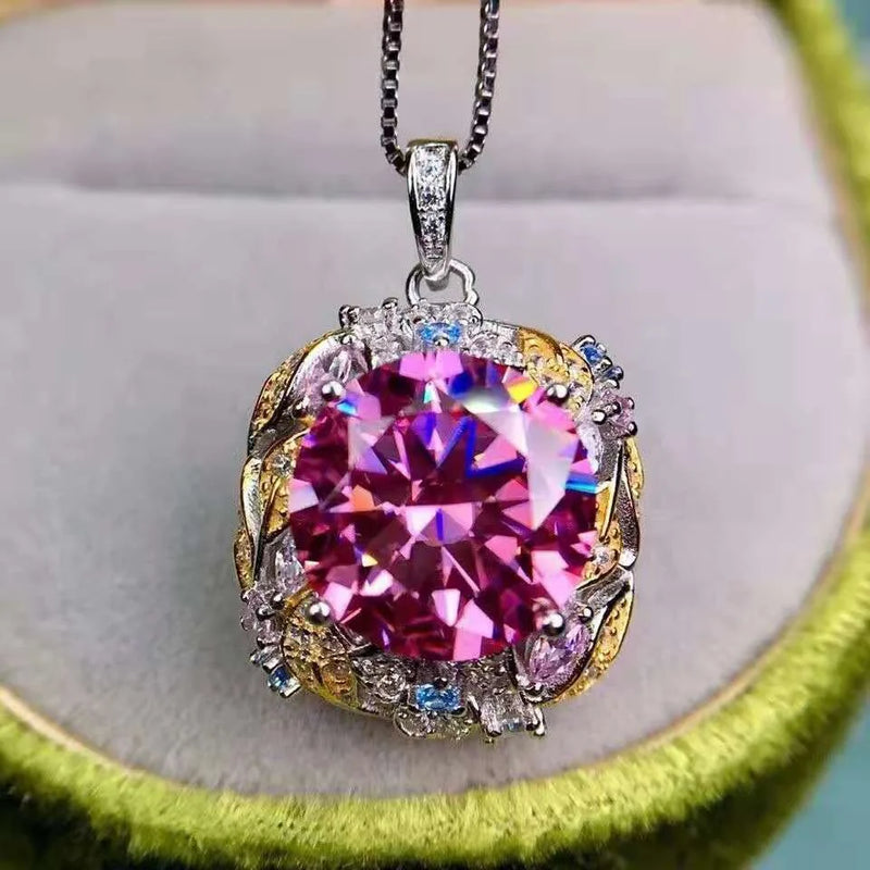 Colorful Powder Mozambique Moissanite Pendant 5 Carats Round 11mm