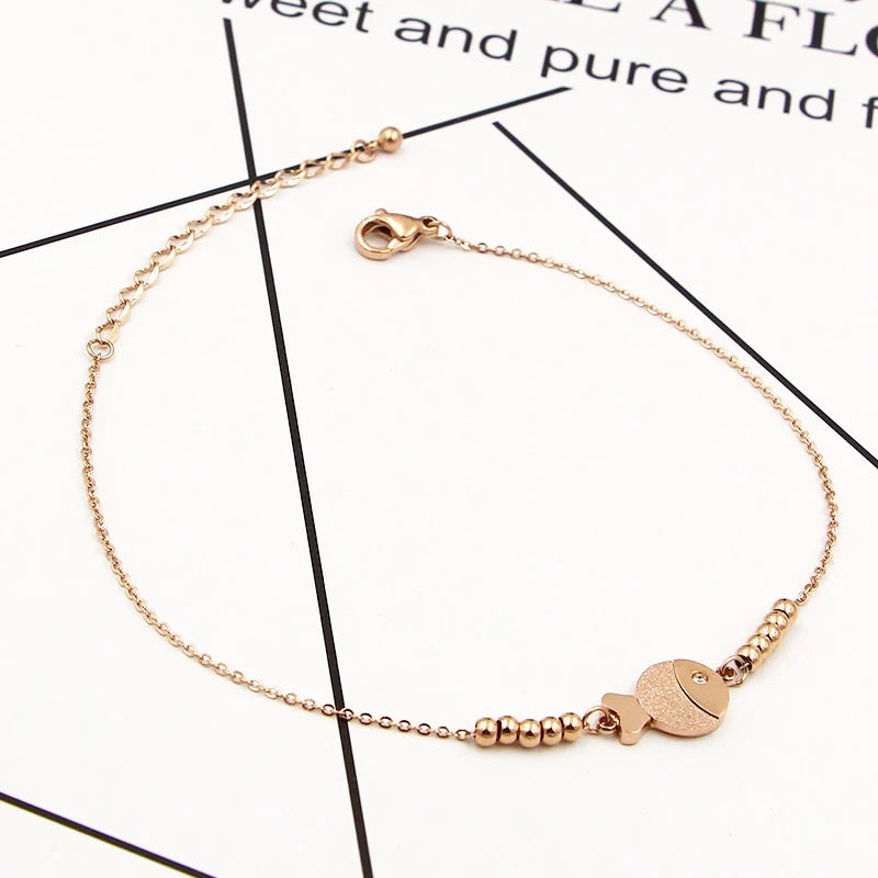 Zircon Eyes Fish Anklet Titanium Steel Rose Colors Woman Kids Gift