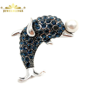 Crystal Dolphin Brooches Silver Tone Dark Animal Jewelry