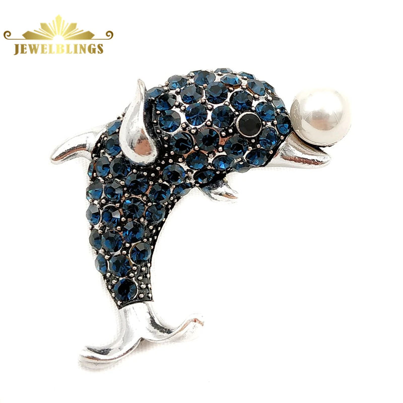 Crystal Dolphin Brooches Silver Tone Dark Animal Jewelry