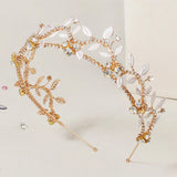 Fairy Tiara Rhinestone Pearl Headband Metal Leaves Hair Hoop