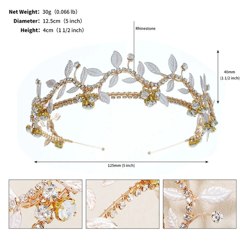 Fairy Tiara Rhinestone Pearl Headband Metal Leaves Hair Hoop