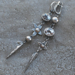 Vintage Flower Metal Crystal Cone Drop Earrings