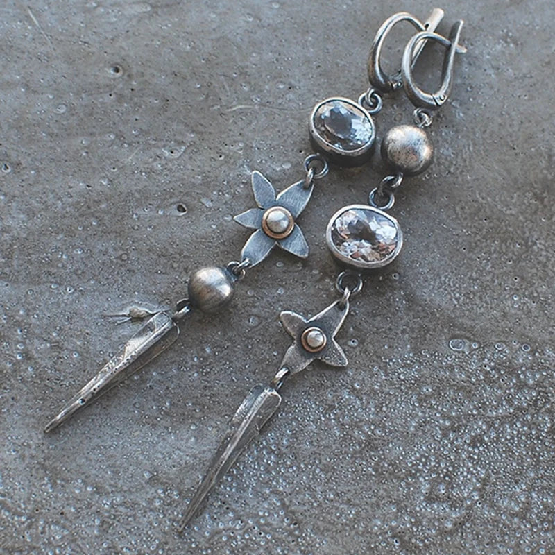 Vintage Flower Metal Crystal Cone Drop Earrings