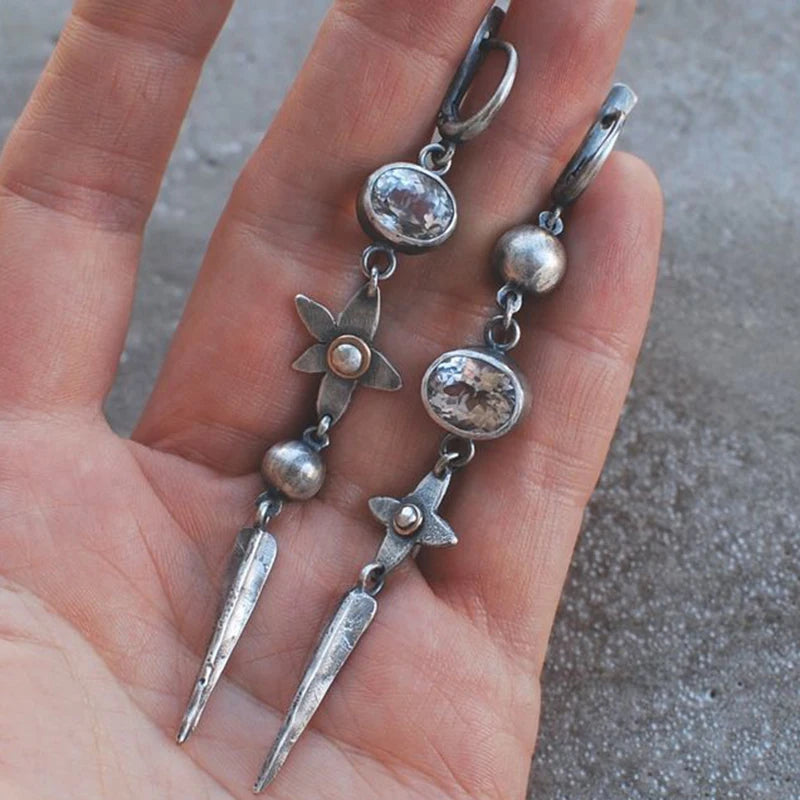 Vintage Flower Metal Crystal Cone Drop Earrings