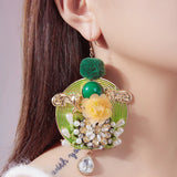 Green Hair Ball Pearl Flower Tassel Earrings Bohemian Long Earrings