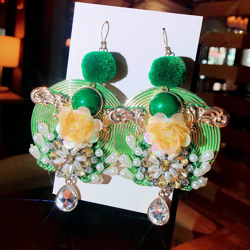 Green Hair Ball Pearl Flower Tassel Earrings Bohemian Long Earrings