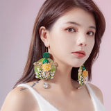 Green Hair Ball Pearl Flower Tassel Earrings Bohemian Long Earrings