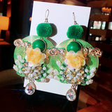 Green Hair Ball Pearl Flower Tassel Earrings Bohemian Long Earrings