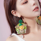 Green Hair Ball Pearl Flower Tassel Earrings Bohemian Long Earrings