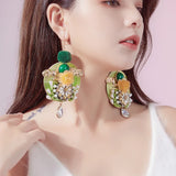 Green Hair Ball Pearl Flower Tassel Earrings Bohemian Long Earrings