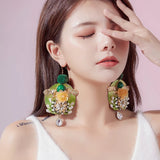 Green Hair Ball Pearl Flower Tassel Earrings Bohemian Long Earrings