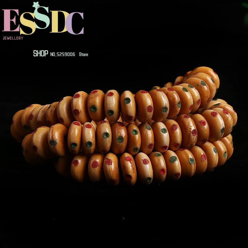 6*14MM Natural Cow Bone Inlaid Stone Red Green Dot Tibetan Abacus Beads 108