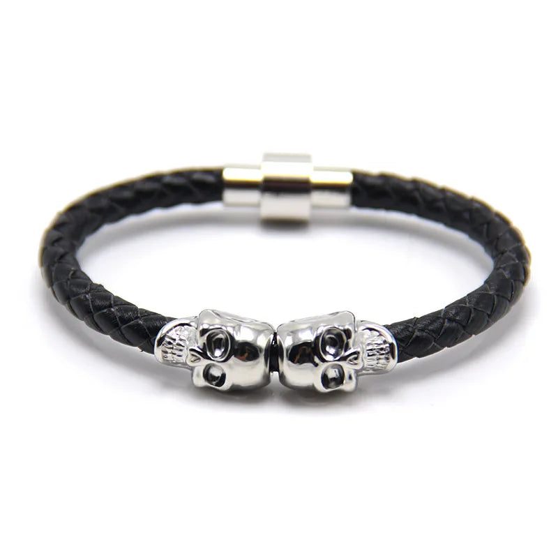 Men's Leather Ghost Head Charm Punk Skull Bracelet