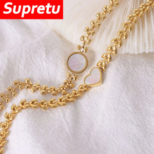 Supretu Shells Heart/Round Bracelet Titanium Steel Plated 18K Wristband Women