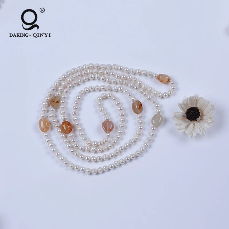 Sweater Chain Necklace Natural Stone Pearl Long