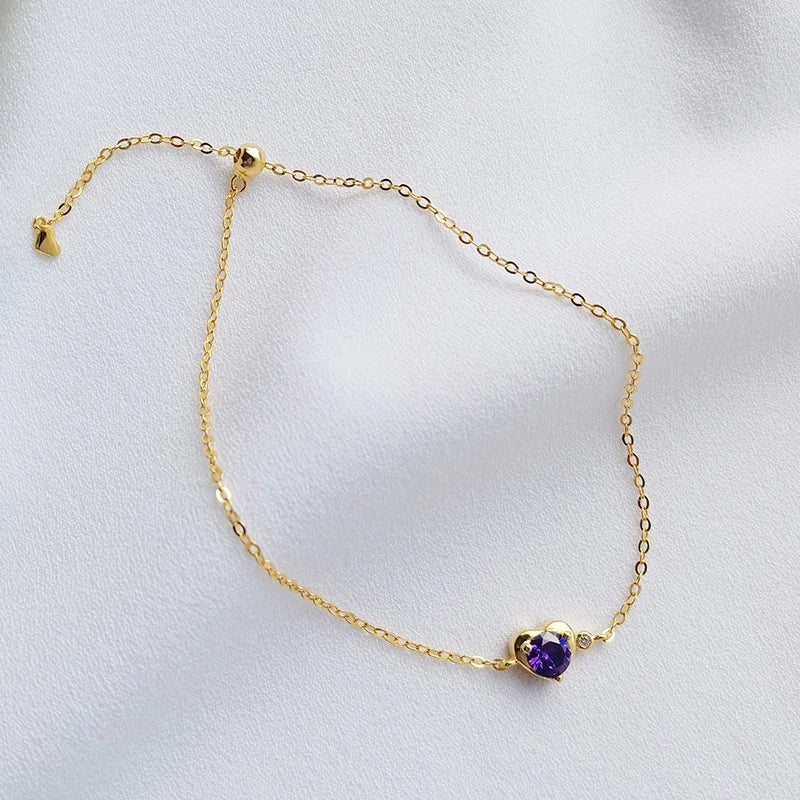 925 Silver Bracelet Purple Heart Zircon Pendant Girl Women Jewelry Gift
