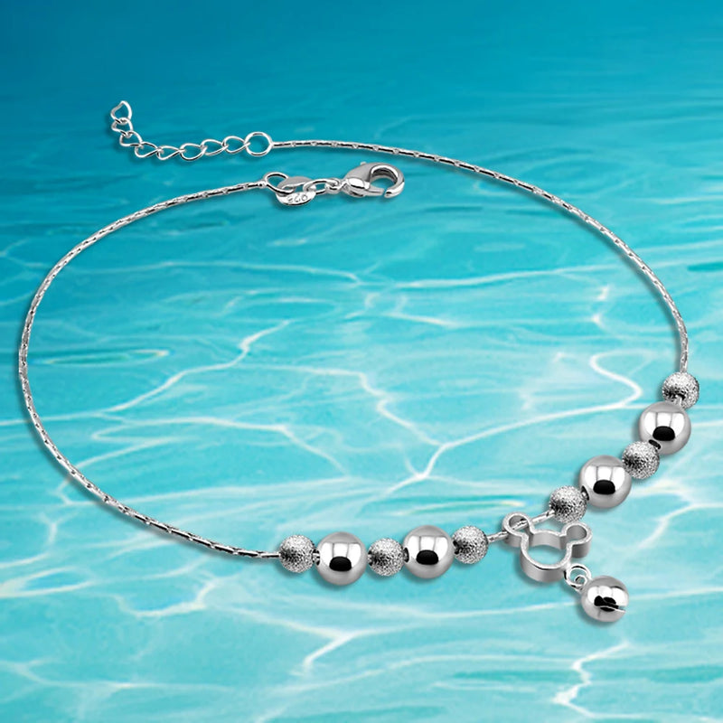 925 Silver Lucky Bead Anklet Bracelet, Mickey Summer Beach Foot Leg Jewelry