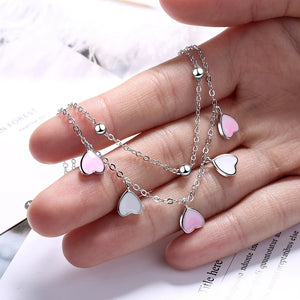 925 Silver Pink Glaze Cherry Blossom Heart Double Layer Chain Bracelet