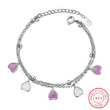 925 Sterling Silver Pink Glaze Cherry Blossom Petals Heart Double Layer Bracelet