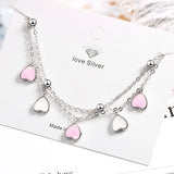 925 Sterling Silver Pink Glaze Cherry Blossom Petals Heart Double Layer Bracelet