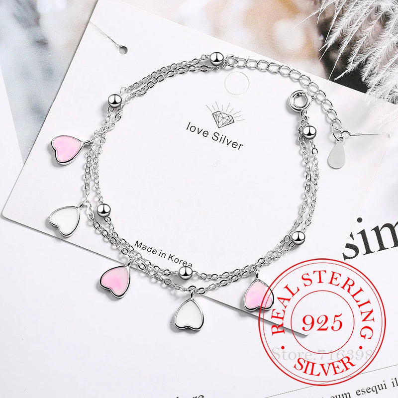 925 Silver Pink Glaze Cherry Blossom Heart Double Layer Chain Bracelet