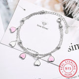 925 Sterling Silver Pink Glaze Cherry Blossom Petals Heart Double Layer Bracelet