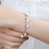 925 Sterling Silver Pink Glaze Cherry Blossom Petals Heart Double Layer Bracelet