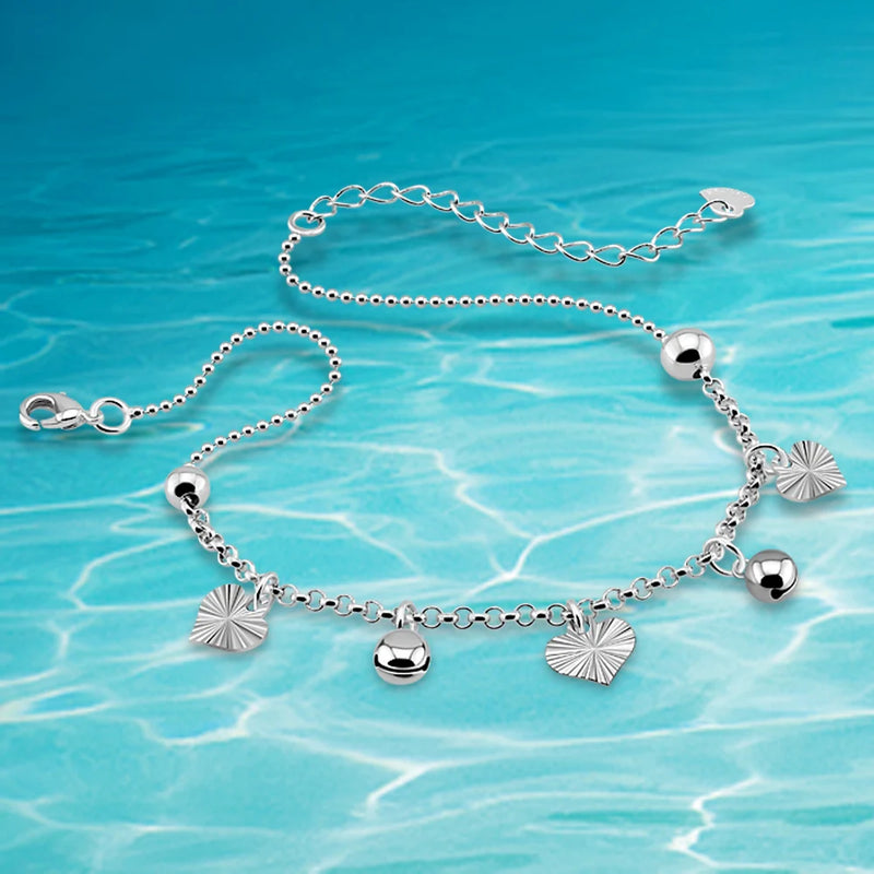 Sterling Silver Heart Bell Anklet for Women