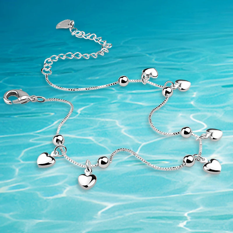 925 Sterling Silver Heart Anklet for Women