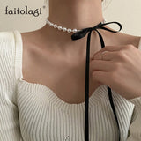 Sweet Bowknot Pearl Necklace For Ladies Ribbon Girls Clavicle Collar Chain