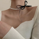 Sweet Bowknot Pearl Necklace For Ladies Ribbon Girls Clavicle Collar Chain