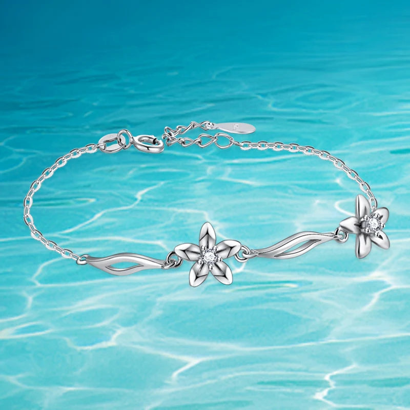 Cherry Blossom Bracelet 925 Sterling Silver Shining Flowers Charm Lady Jewelry