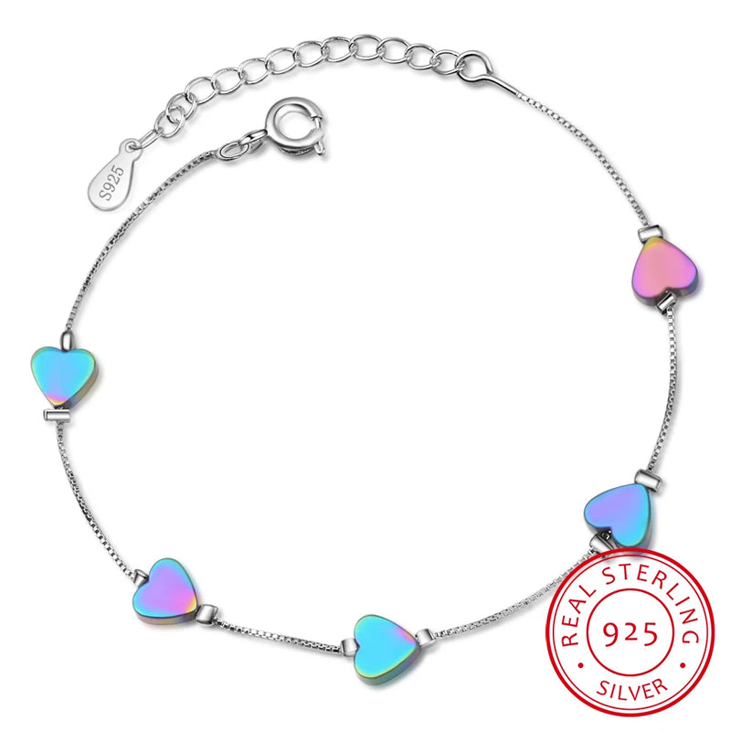 Colorful Love Heart 925 Sterling Silver Bracelet For Women Fine Jewelry