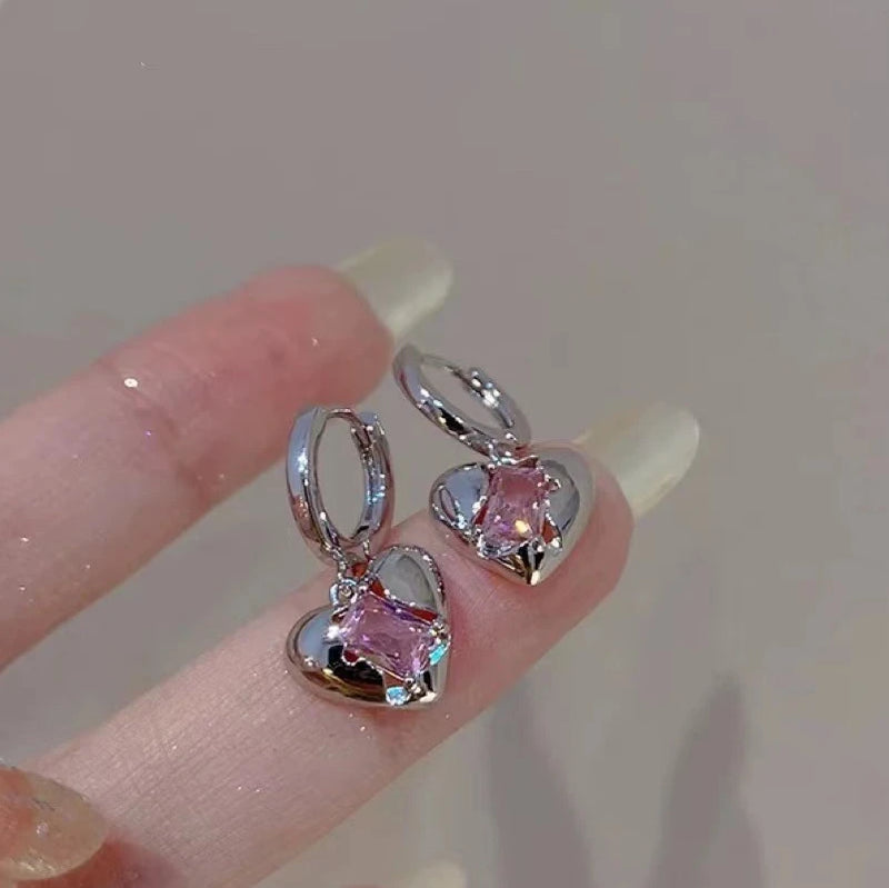 Y2k Pink Heart Rhinestone Hoop Earrings for Women Gift
