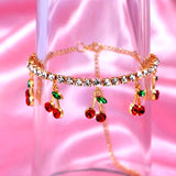 Silver Crystal Tennis Anklet with Red Rhinestone Cherry - Beach Foot Chain