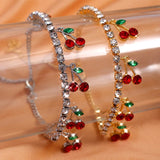 Silver Crystal Tennis Anklet with Red Rhinestone Cherry - Beach Foot Chain