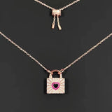 Sweet Mini Square Lock Necklace For Women Rose Pink Heart Necklace