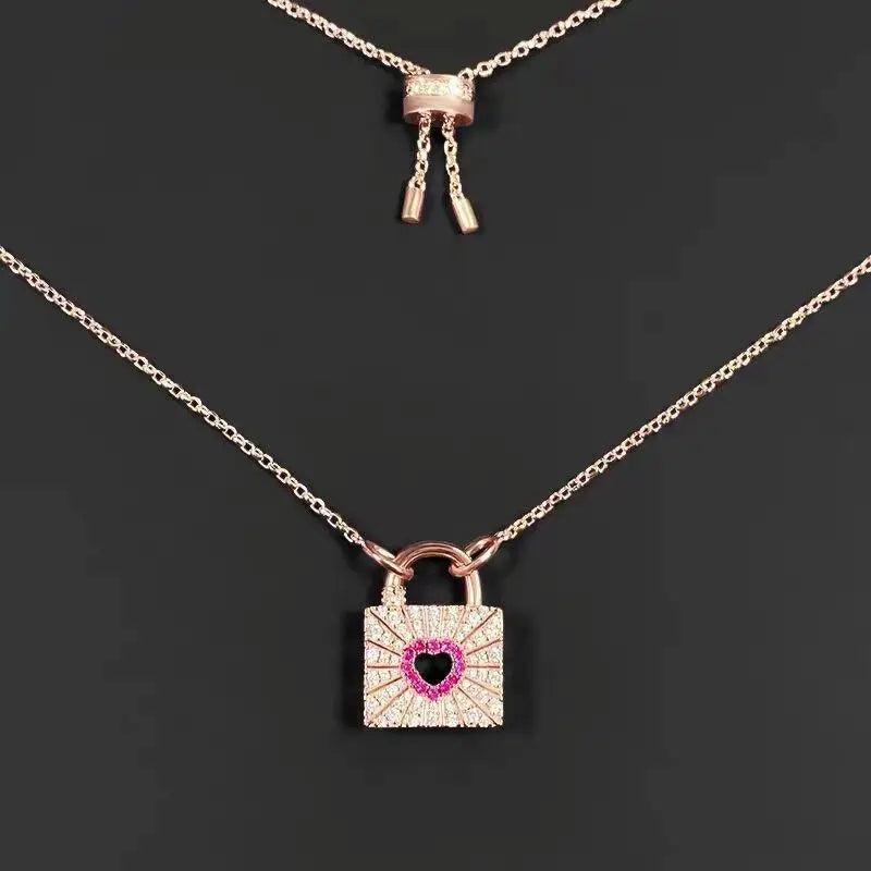 Sweet Mini Square Lock Necklace For Women Rose Pink Heart Necklace