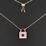 Sweet Mini Square Lock Necklace For Women Rose Pink Heart Necklace