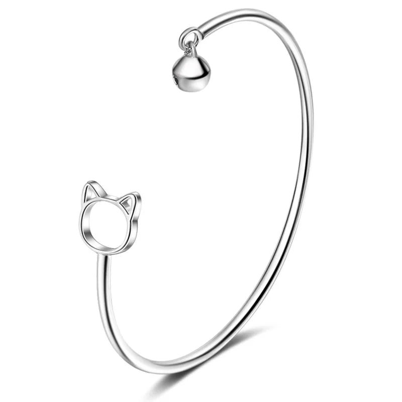 925 Silver Cat & Bell Open Clasp Bracelet Wedding Birthday Gift