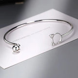 925 Silver Cat & Bell Open Clasp Bracelet Wedding Birthday Gift