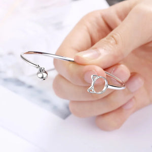 925 Silver Cat & Bell Open Clasp Bracelet Wedding Birthday Gift