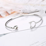 925 Silver Cat & Bell Open Clasp Bracelet Wedding Birthday Gift