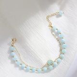 Double Laps Sky Natural Aquamarine Beaded Bracelets for Women Girls