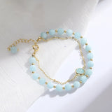 Double Laps Sky Natural Aquamarine Beaded Bracelets for Women Girls