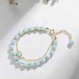 Double Laps Sky Natural Aquamarine Beaded Bracelets for Women Girls
