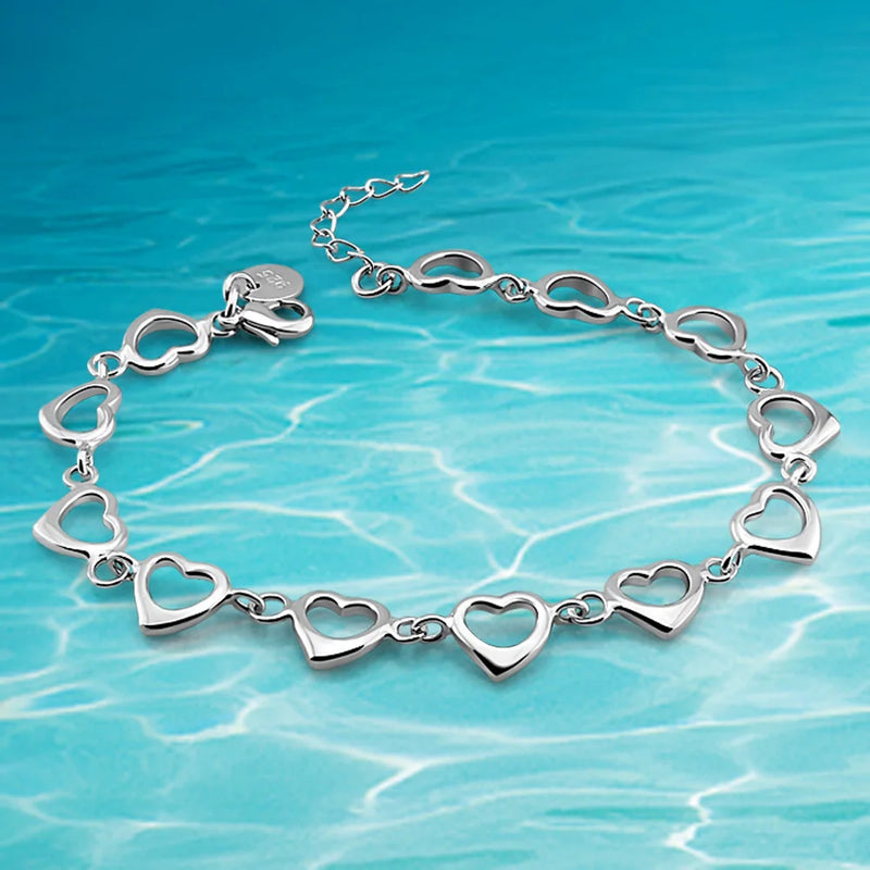 925 Sterling Silver Full Heart Bracelet Hollowed Out For Women Ladies Party