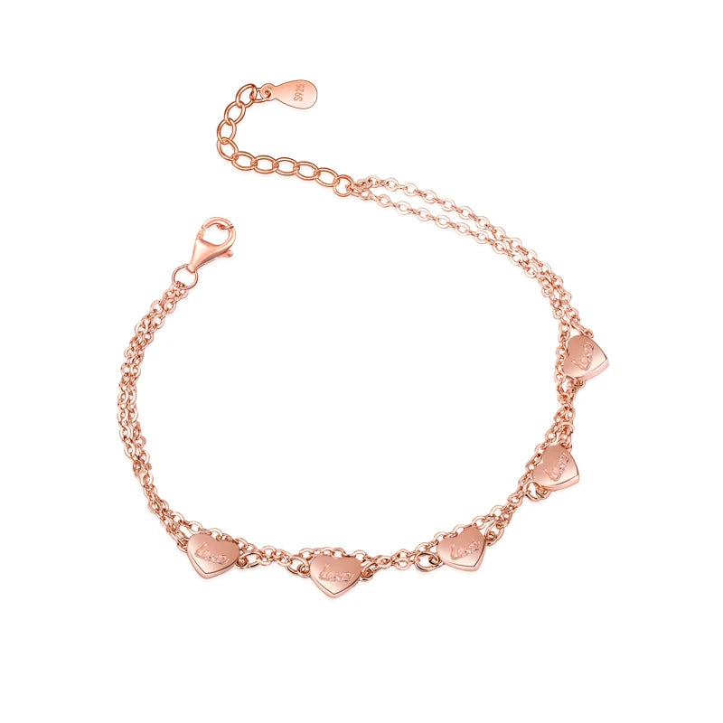 Sweet Heart Bracelet Rose Double Chain 925 Sterling Silver Bracelet